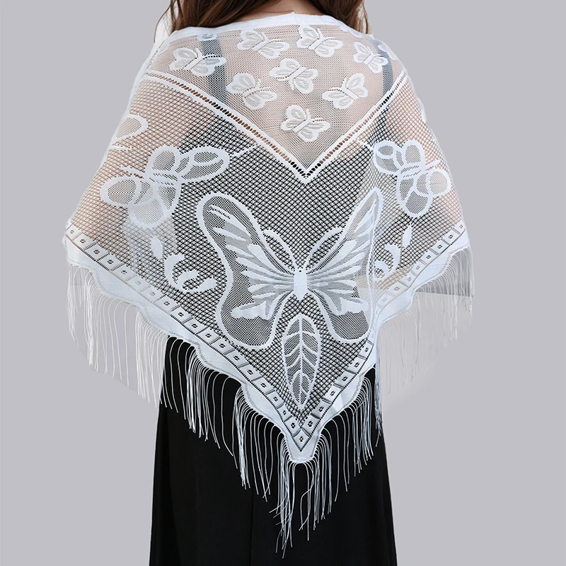 Bufanda de encaje de mariposa estampada, bufanda triangular con borla hueca, pañuelo bordado para la cabeza para mujer, chales para mujer, bufandas, velo largo, bufanda Floral