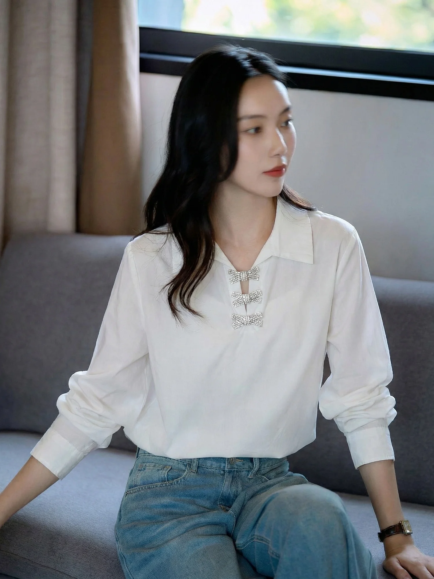 

Хлопковая рубашка с эффектом похудения, свободного кроя, с длинным рукавом, с воротником, весенняя мода для женщин, удобная, теплая, для повседневной носки