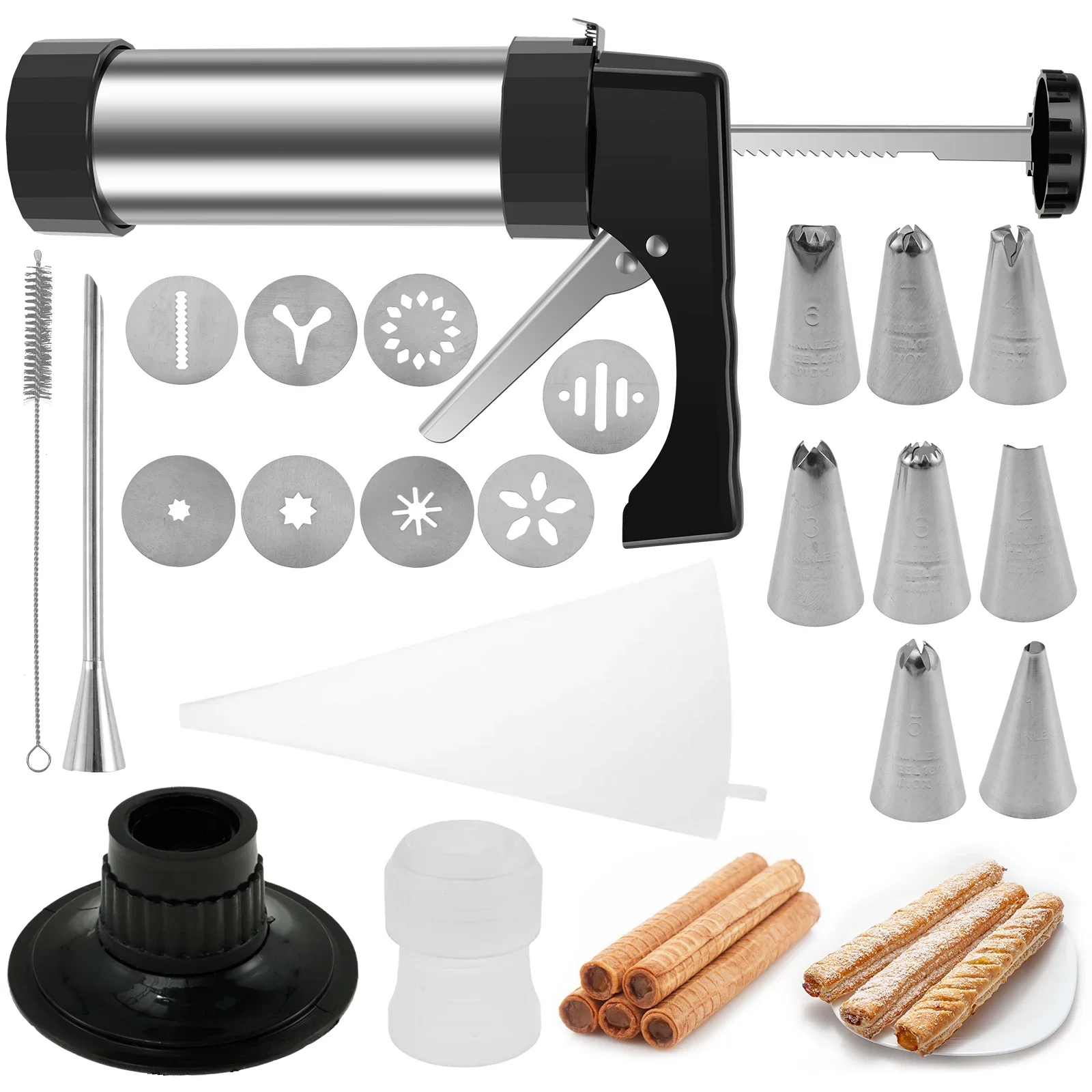 

Churro Maker Machine Stainless Steel Cookie Press Kit DIY Cookie Maker Machine with 6 Icing Nozzles Multifunctional Cookies