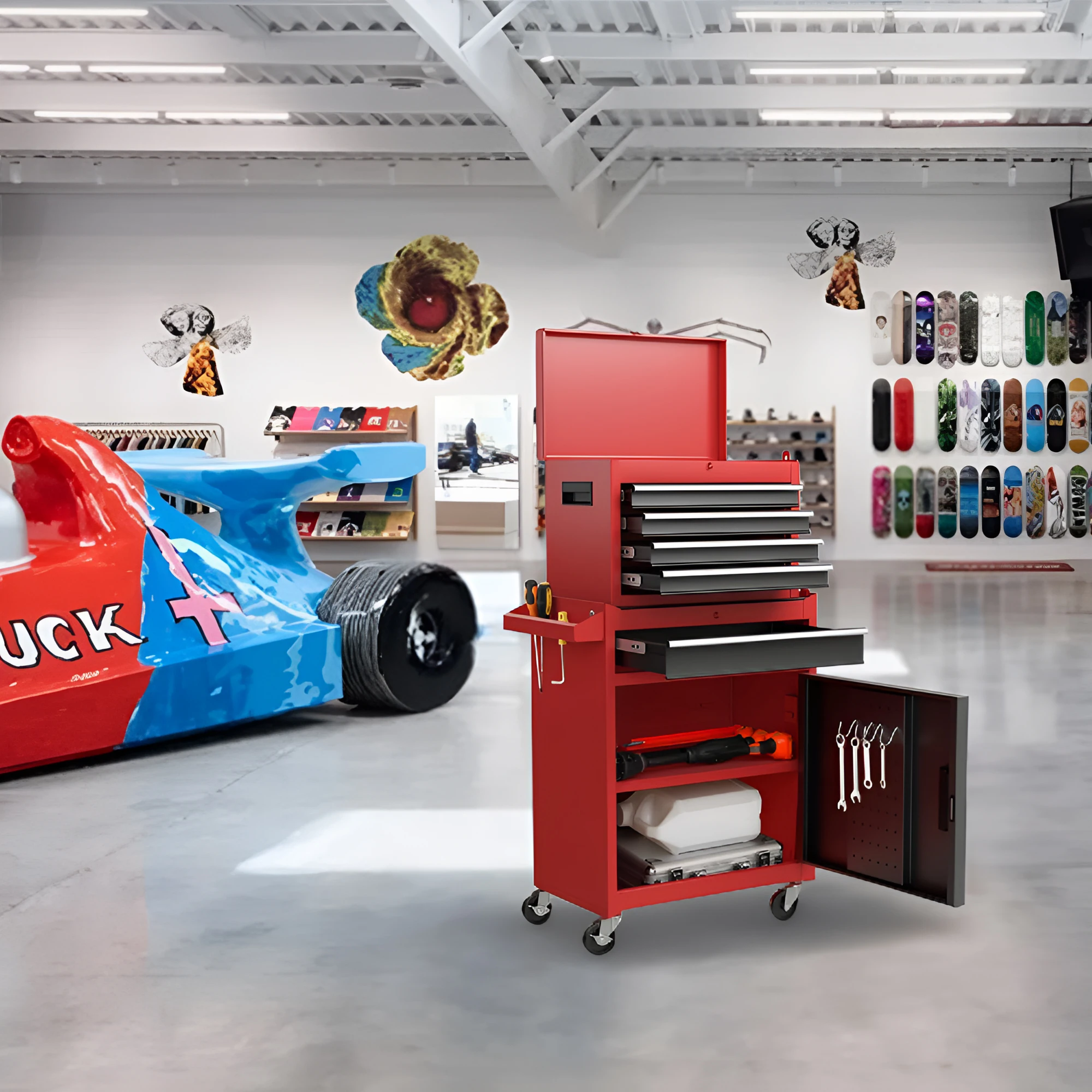 Tool Chest, 5-Drawer Rolling Tool Storage Cabinet with Detachable Top Tool Box, Liner, Universal Lockable Wheels, Adjustable She