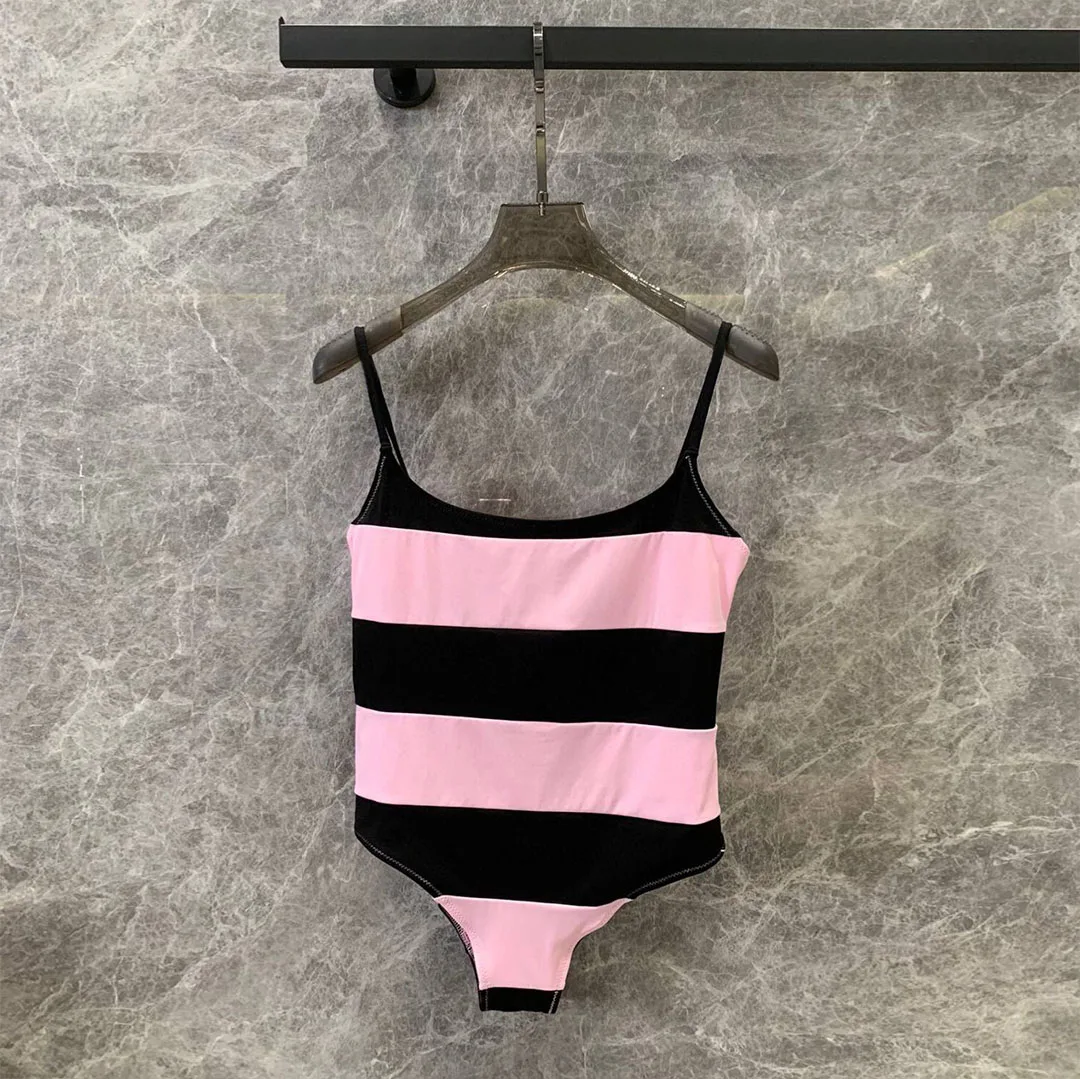 

2024 New Fashion Summer Straps Sleeveless Backless Bodysuits Women Pink & Black Wide Stripes Contrast Sexy Slim Fit Playsuits