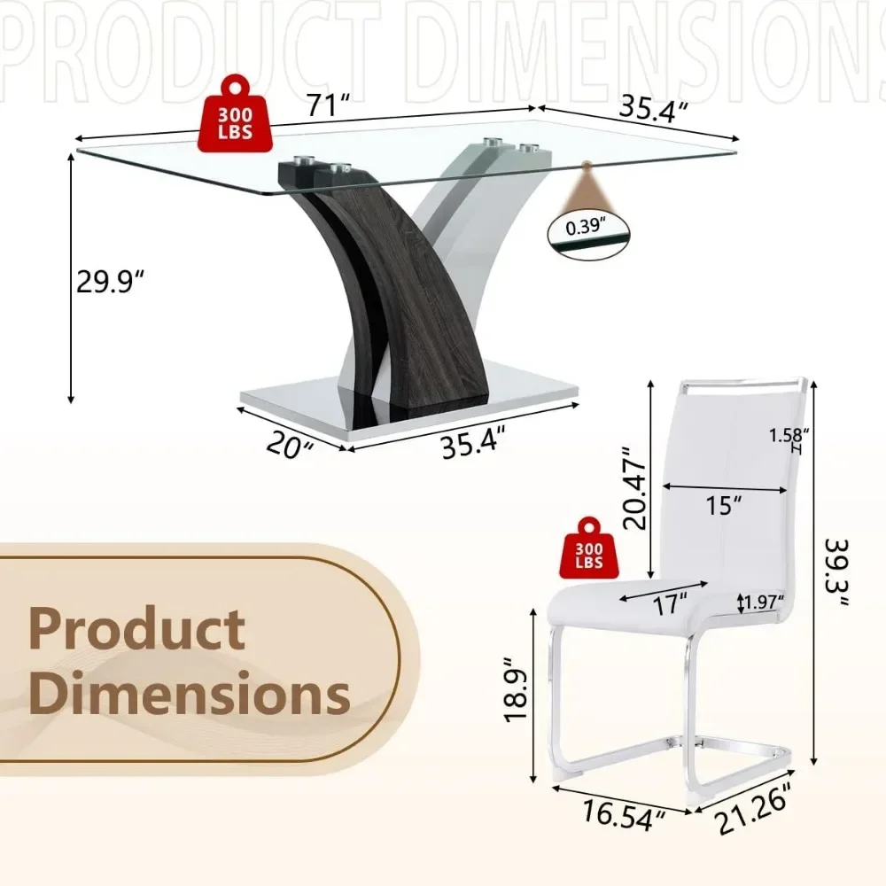 Modern Dining Room Table Set , Upholstered White PU Leather Chairs,71''Glass Dining Tablefor 8,Rectangular Kitchen Table Set