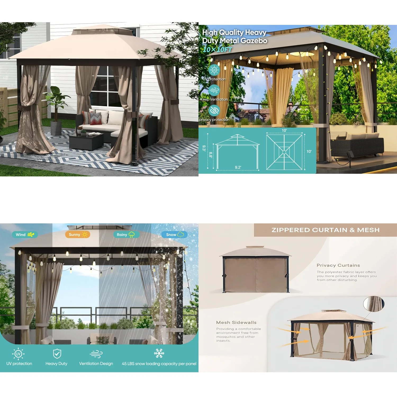 

Уличная беседка-павильон 3х3 м, с мягким тентом и двойной крышей, квадратная металлическая рама, с москитной сеткой, на заказ