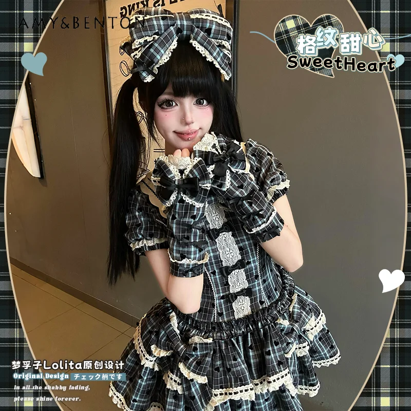 Robe bouffante à carreaux pour filles, manches bouffantes, coupe cintrée, col de poupée mignon, nœud, robe Lolita pour femmes, robes de soirée de princesse élégantes