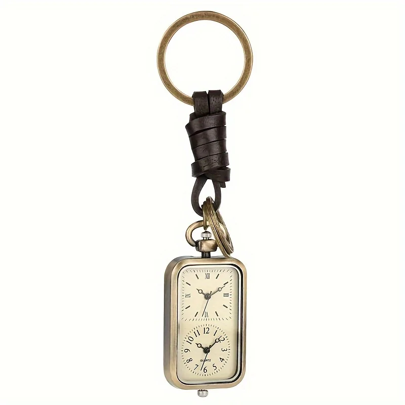 Bronze keychain pocket watch square retro double time movement quartz watch without cover antique style pendant