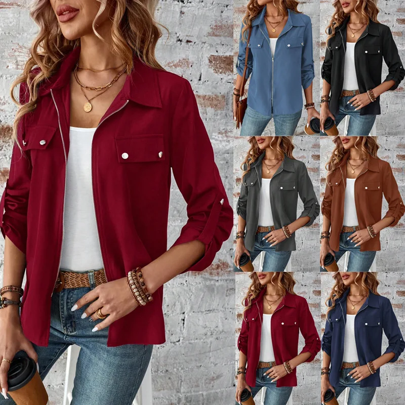 Women Autumn Solid Zipper Jacket Casual Button Long Sleeve Pocket Turn Down Collar Spring Wine Red Coats Streetwear Tops