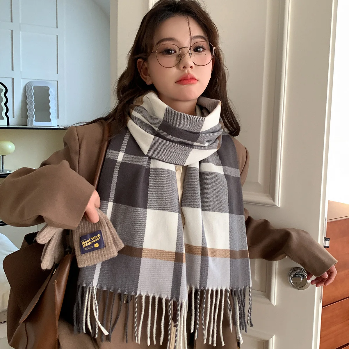 Winter Imitation Cashmere Shawl British Classic Tassel Women Scarf Black and White Khaki Plaid Neckerchief Pashmina Accessories