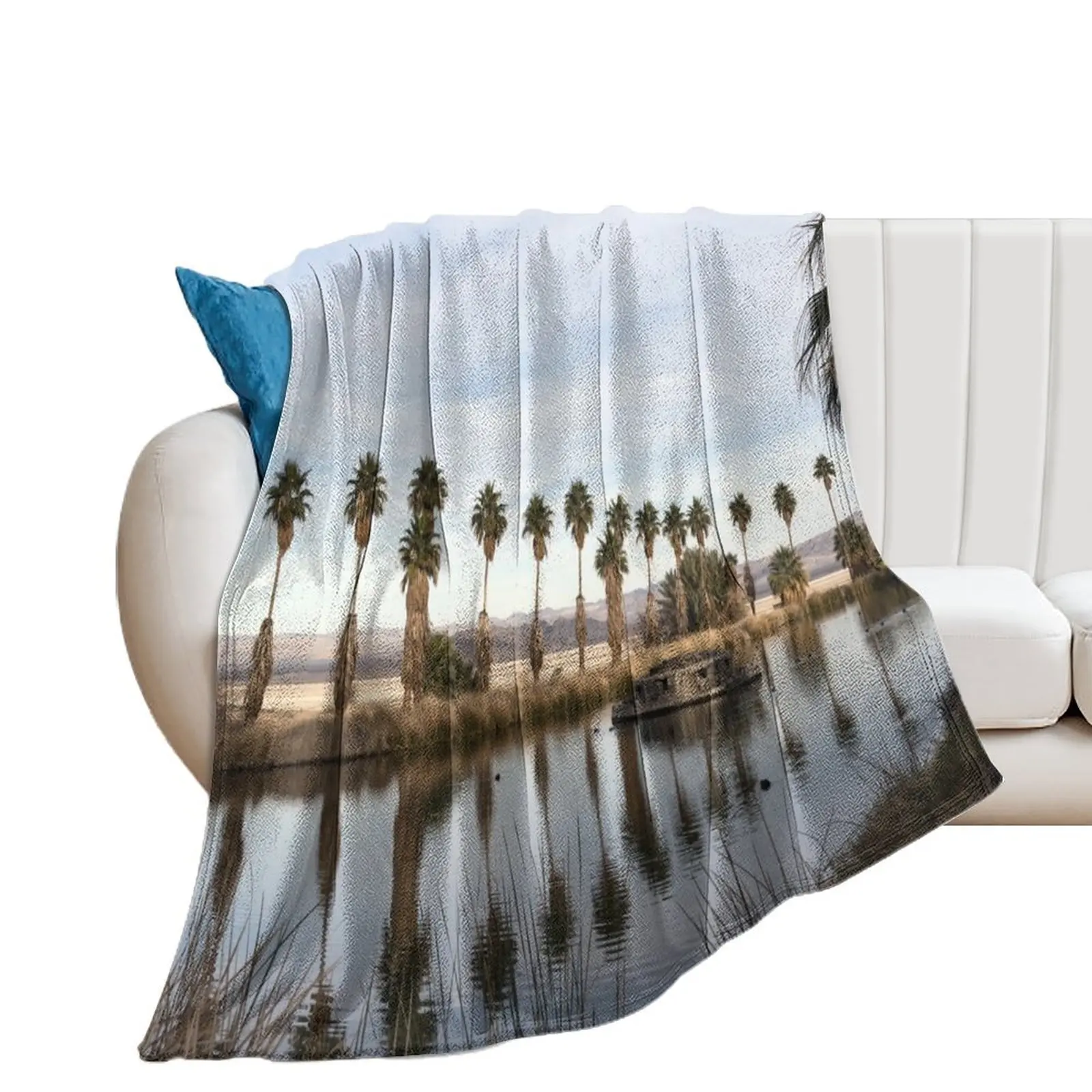 California Lake Lined Palm Tree Photograph Throw Blanket Sleeping Bag Flannel Blankets