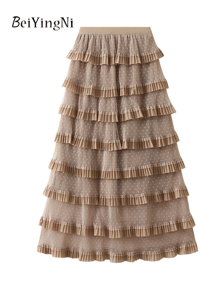 Beiyingni Dots Printed Mesh Cake Skirt Women Elegant Korean High Waist Long A-line Skirts for Woman's Slim Khaki Jupes Faldas