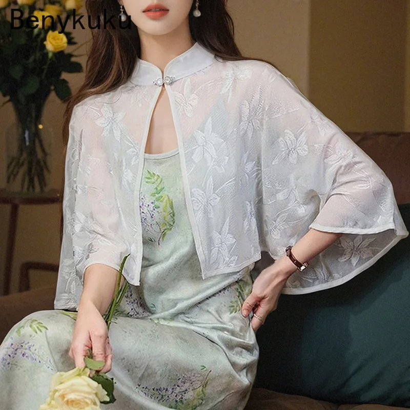 Vintage Cape Shawl for Chinese-style Cheongsam Bolero Sun-protective Blouse Summer 2025 Women Coat Short Retro Stylish Cloak