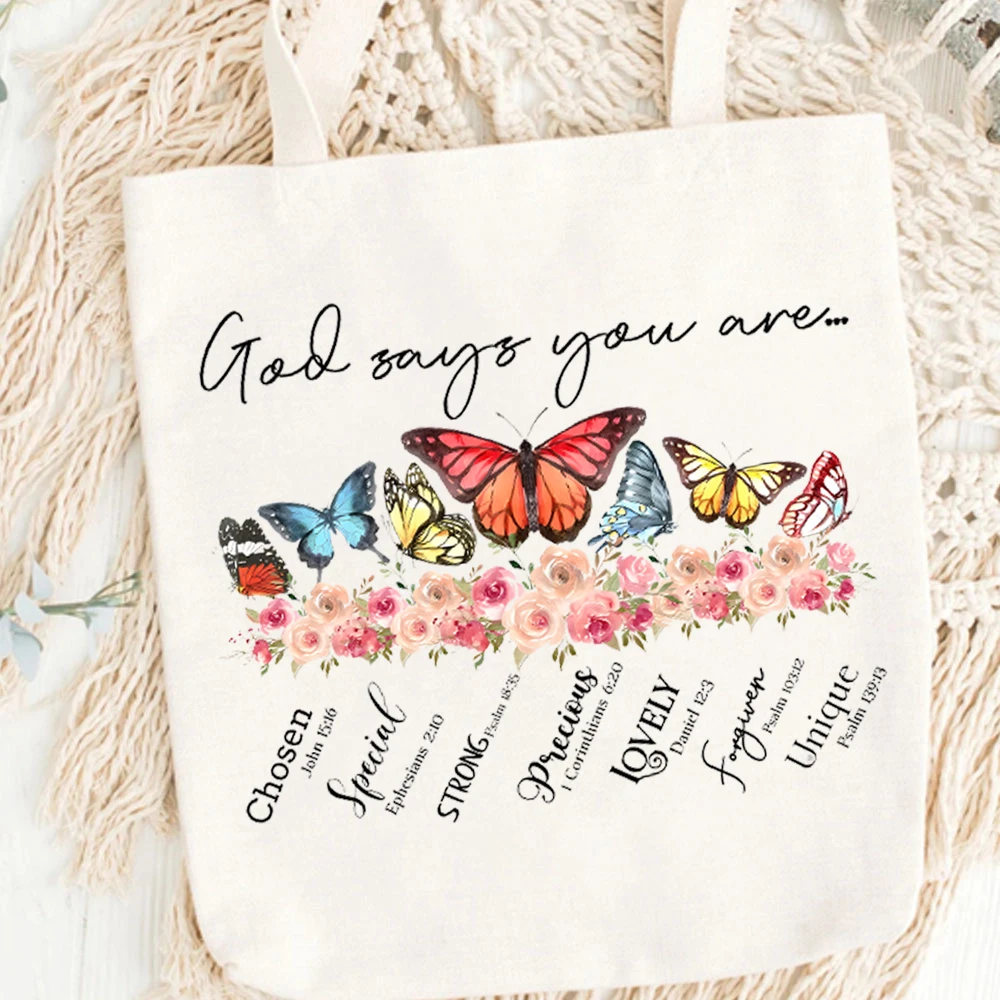 Bolsa de lona con estampado de Dios dice que eres para mujer, diseño bohemio, verso de la Biblia, cita religiosa, regalo de oración de Iglesia, Shopper Cristiano