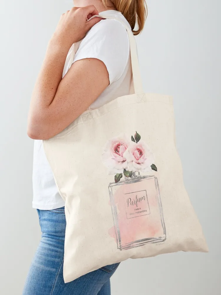 

Perfume bottle with pink roses, watercolor Pink and Silver Tote Bag Portable shopping bag cloth bag woman Women's beach bags