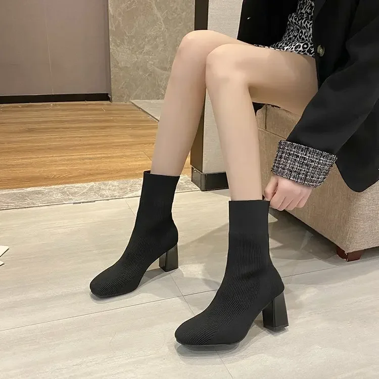 2024 Women Over The knee High Long Boots Block High Heels Short Ankle Knitted Boots Stripper Winter Warm Sock Stretch Sexy Shoes