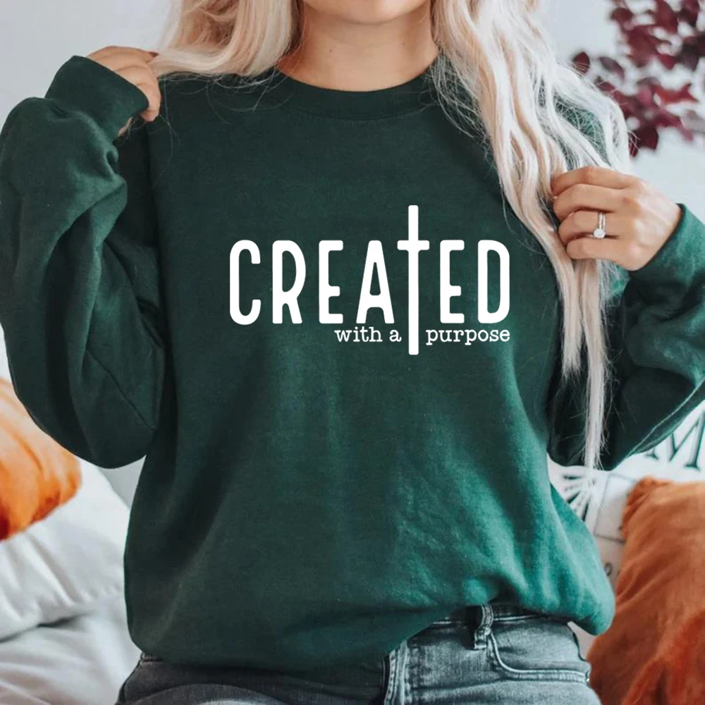 Created with A Purpose Sweatshirt Faith Hoodie Bible Saying Sweatshirt Unisex Long Sleeve Pullover Men Women Graphic Hoodies Top
