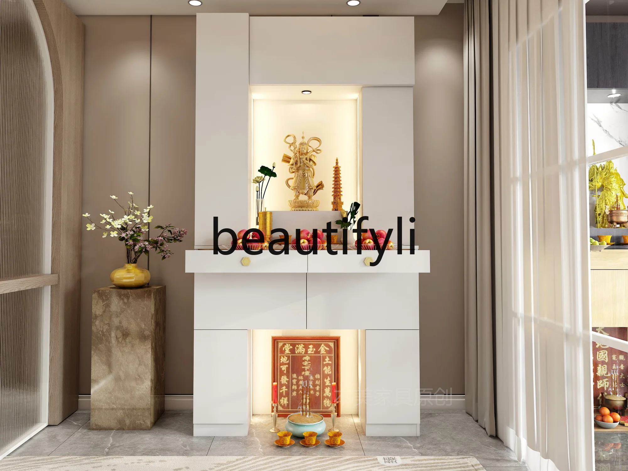 طاولة تقديم إله الثروة، مقعد الله، سلف الخزانة، تقديم مزار منزلي بسيط، قوانيين حديث، طراز المنزل التبتي #5