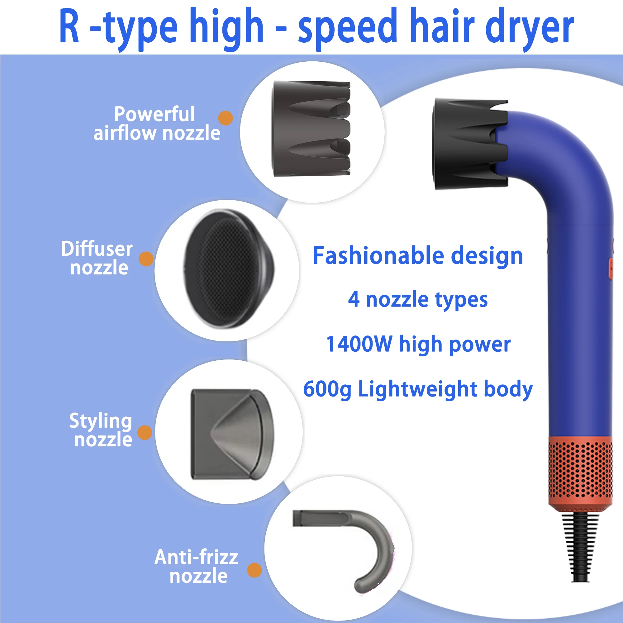1400W High Power Hair Dryer Quick Drying Lightweight Body Low Noise with Multiple Air Nozzle Types for Fast Hair Styling