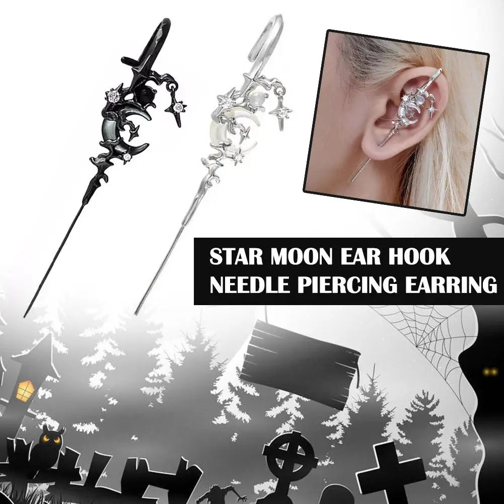 1pcs Stars Moon Ear Studs Diamond Setting Ear Crochet Perforation Earrings Punk Ear Hook Goth Sword Earrings Jewelry Accessorie