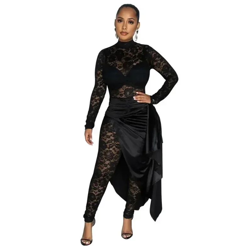 Sexy Solid Color Round Neck Long Sleeved Slim Fitting Jumpsuit Paired with A Lace Up Half Body Cape Skirt 2 piece Set for Women