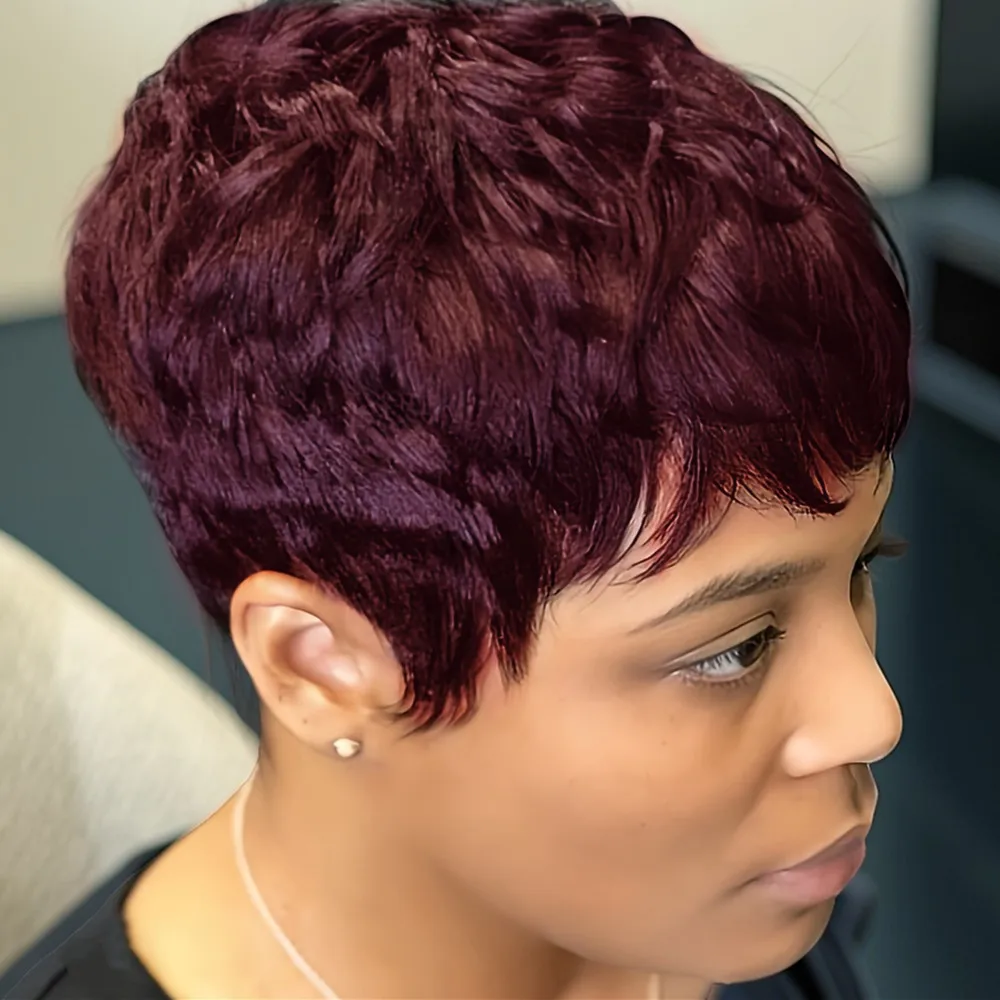 

Пикси стрижка машинного производства коричневый, черный, бордовый цвет, короткий прямой многослойный парик из натуральных волос для женщин, парик для повседневного использования на вечеринке