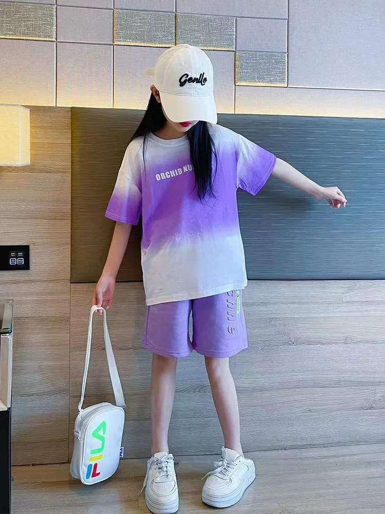 Children Clothes Girl Kids Top and Bottom Clothes Set Purple Gradient Color 2-piece Casual Sports Street Style Suit Loungewear