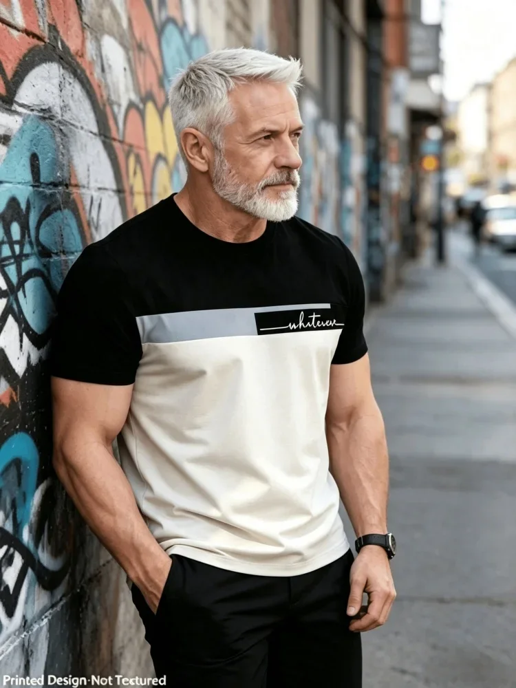 Trendy Men's Color Block T‑Shirt Spliced 3D Letter Print Crew Neck Casual Daily Short Sleeve Trend Street Men's Clothes Tee Tops