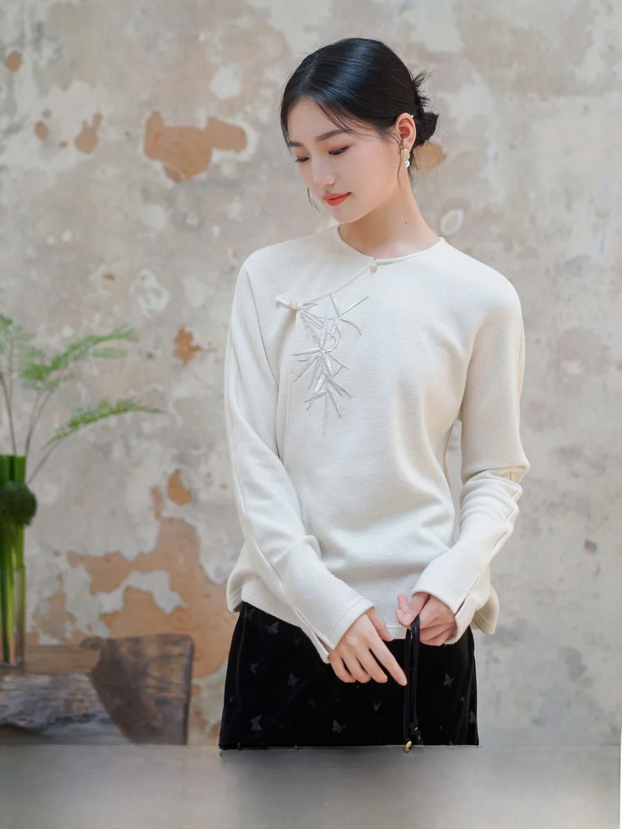 

Женская базовая кофта Ele Simple в стиле ретро с вышивкой, зимняя, из смесового хлопка, полиэстера, шерсти и нейлона, с длинным рукавом и круглым вырезом