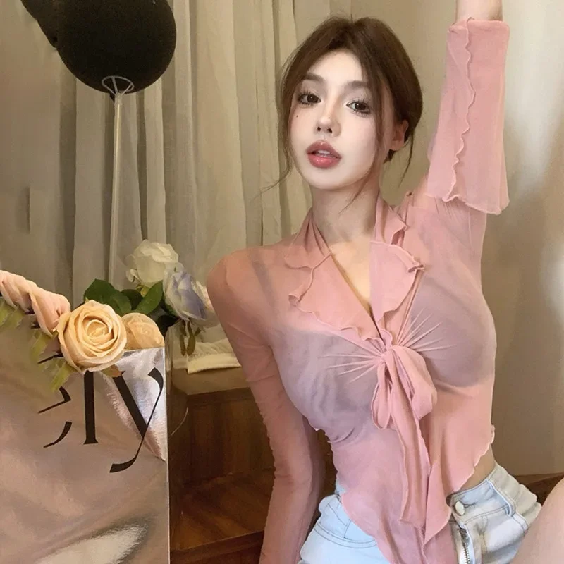 

Женская блузка Женский кардиган Короткий стиль Тонкий слегка прозрачный бандаж с рукавами-трубой Тонкий