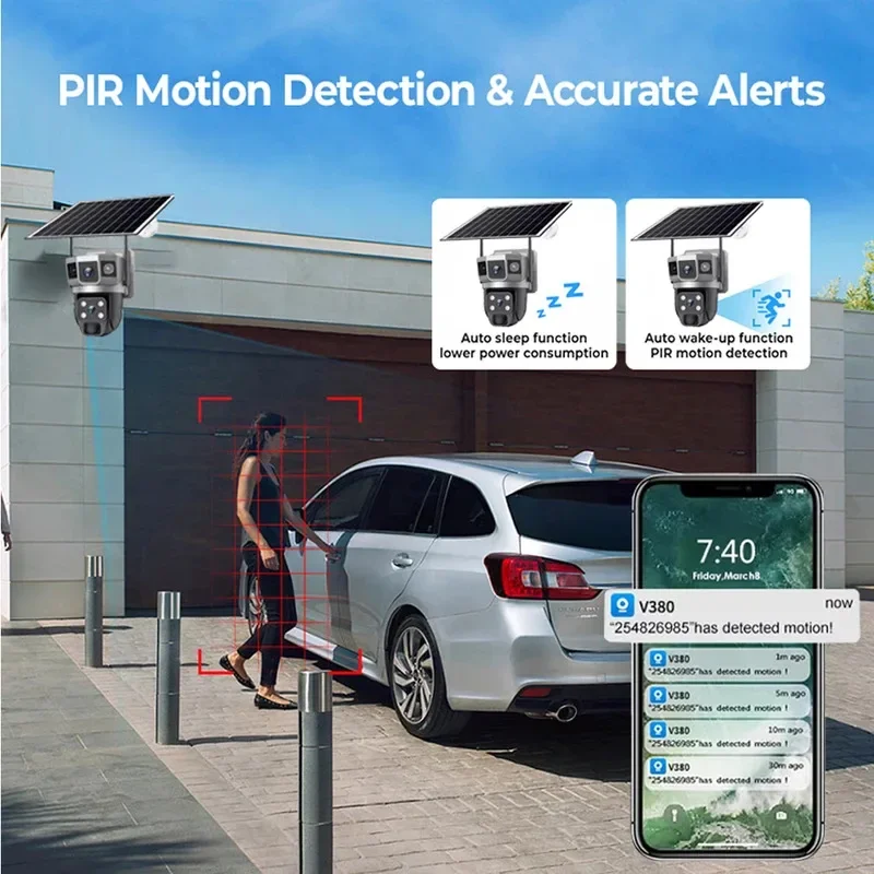 Уличная солнечная камера безопасности, Wi-Fi, двойной объектив, 3 экрана, 12 МП, беспроводные камеры с автоматическим отслеживанием, солнечная энергия, видеонаблюдение V380 pro