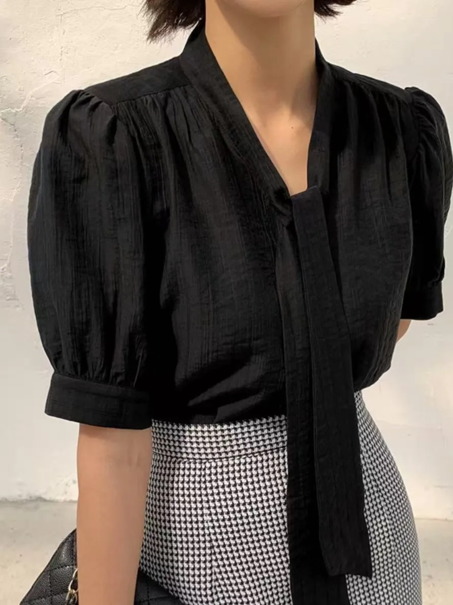 

Ele Summer Women's irt Bow Design Loose Bubble Sve Netie Lightweight Maturi Faion Корейский Sle Casual irt