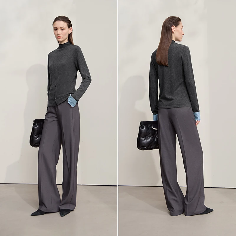AMII femmes pull 2025 automne nouveau solide polyvalent femme haut tricoté col mi-haut manches longues pulls femme 12523075