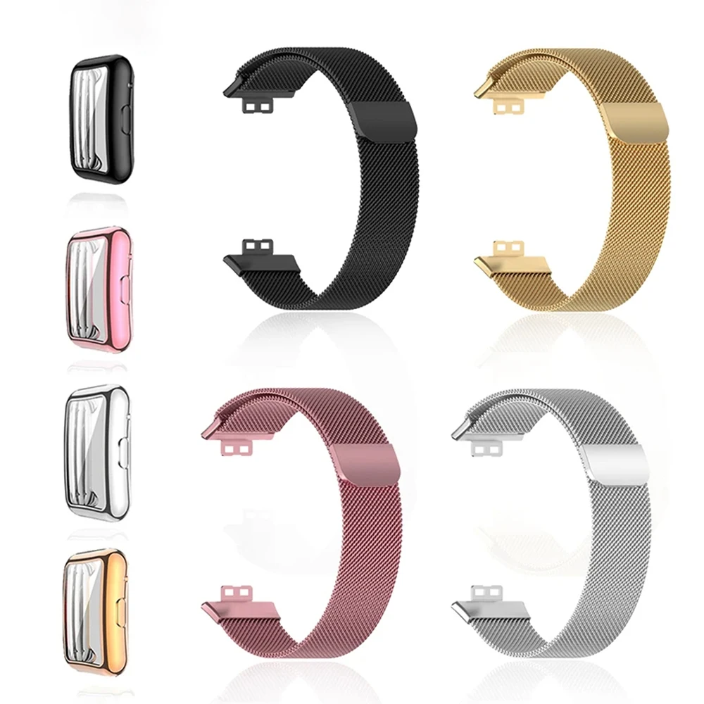 حزام معدني لساعة Huawei Watch Fit/Fit 2 مع حافظة TPU وواقي شاشة من مادة TPU وسوار Huawei بحلقة مغناطيسية وحزام ساعة ميلانيزي
