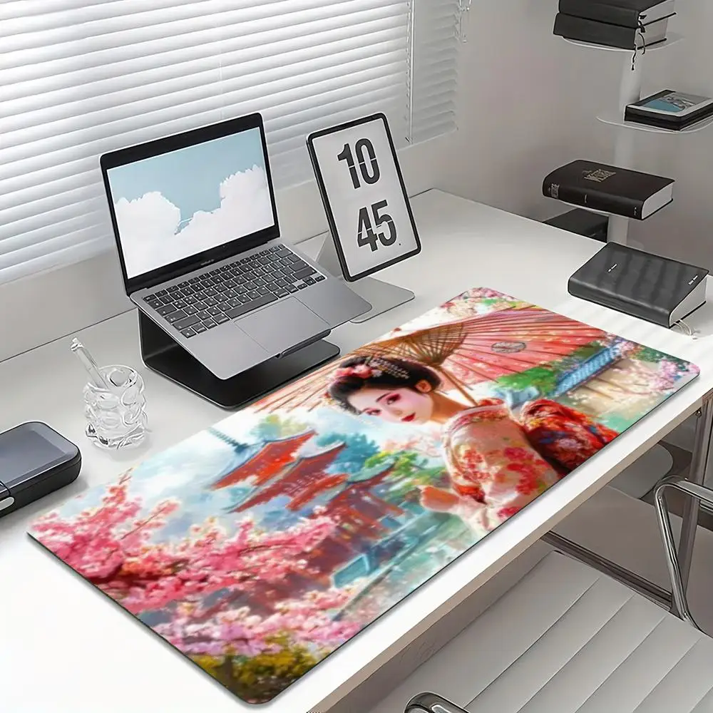 Japanese Geisha Cherry Blossom Large Gaming Desk Mat Non Slip Mousepad Stitched Edge Laptop Keyboard Pad Torii Gate Aesthetic