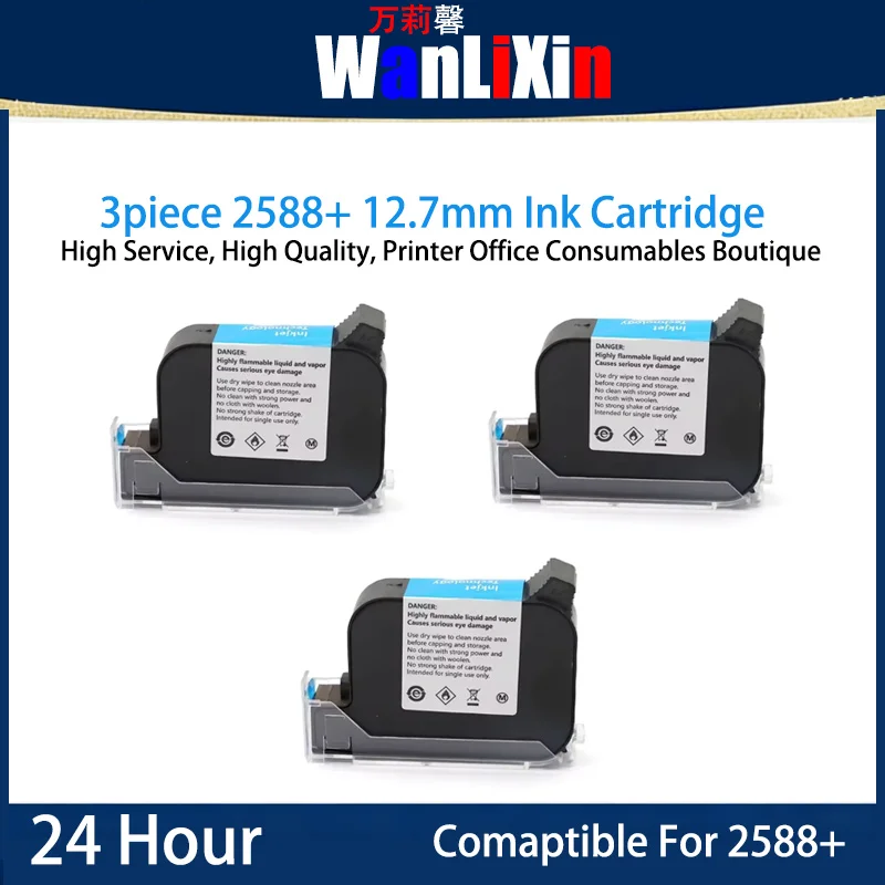

3PC 2588 Refillable Ink Cartridge 12.7mm TIJ/Handheld Inkjet Printer Ink Solvent Fast Drying Unencrypted Ink Black Red BlueIQ800