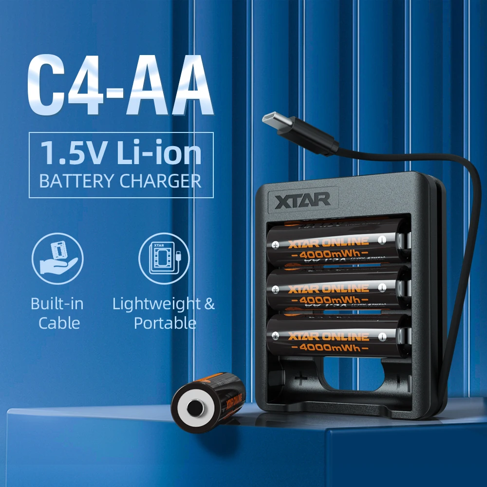 XTAR C4-AA Charger & 4/8 AA 1.5V 4000 Li-ion Batteries 2500mAh Touch Display Fast Charge 3A Discharge  1200 Cycles