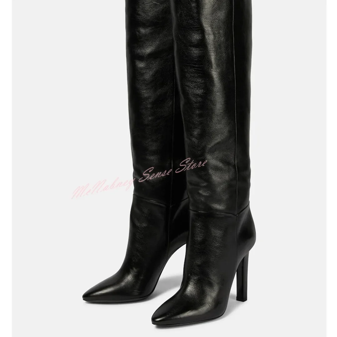 Buckles Leather Thigh High Boots Pointy Toe Solid Stiletto Heels Long Boots Women Sexy Shoes Winter Party Designer New Fashion