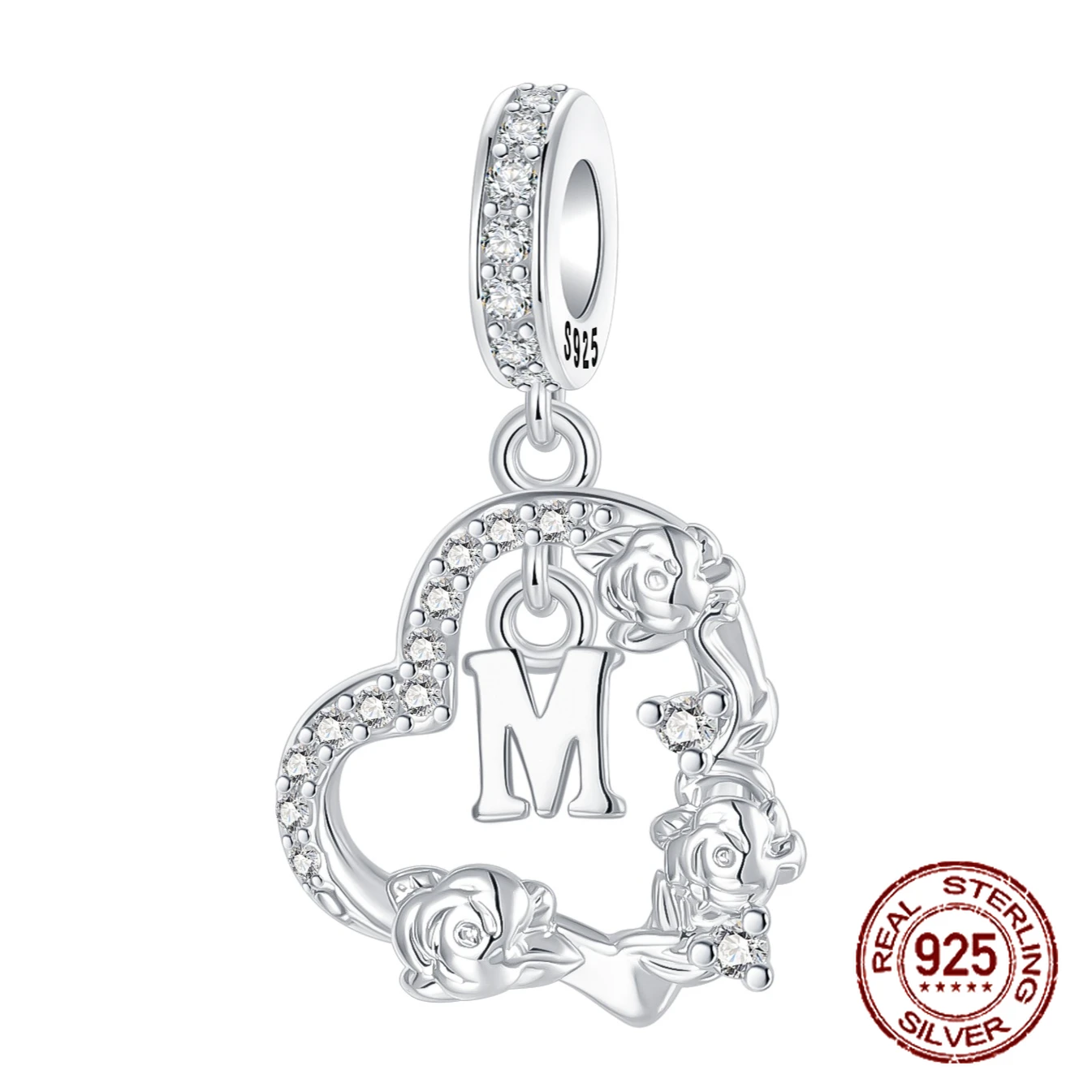 

925 Sterling Silver Vintage Classic Heart Shape Letter M Pendant Charm Fit Original Charm Bracelets Women DIY Jewelry Gift