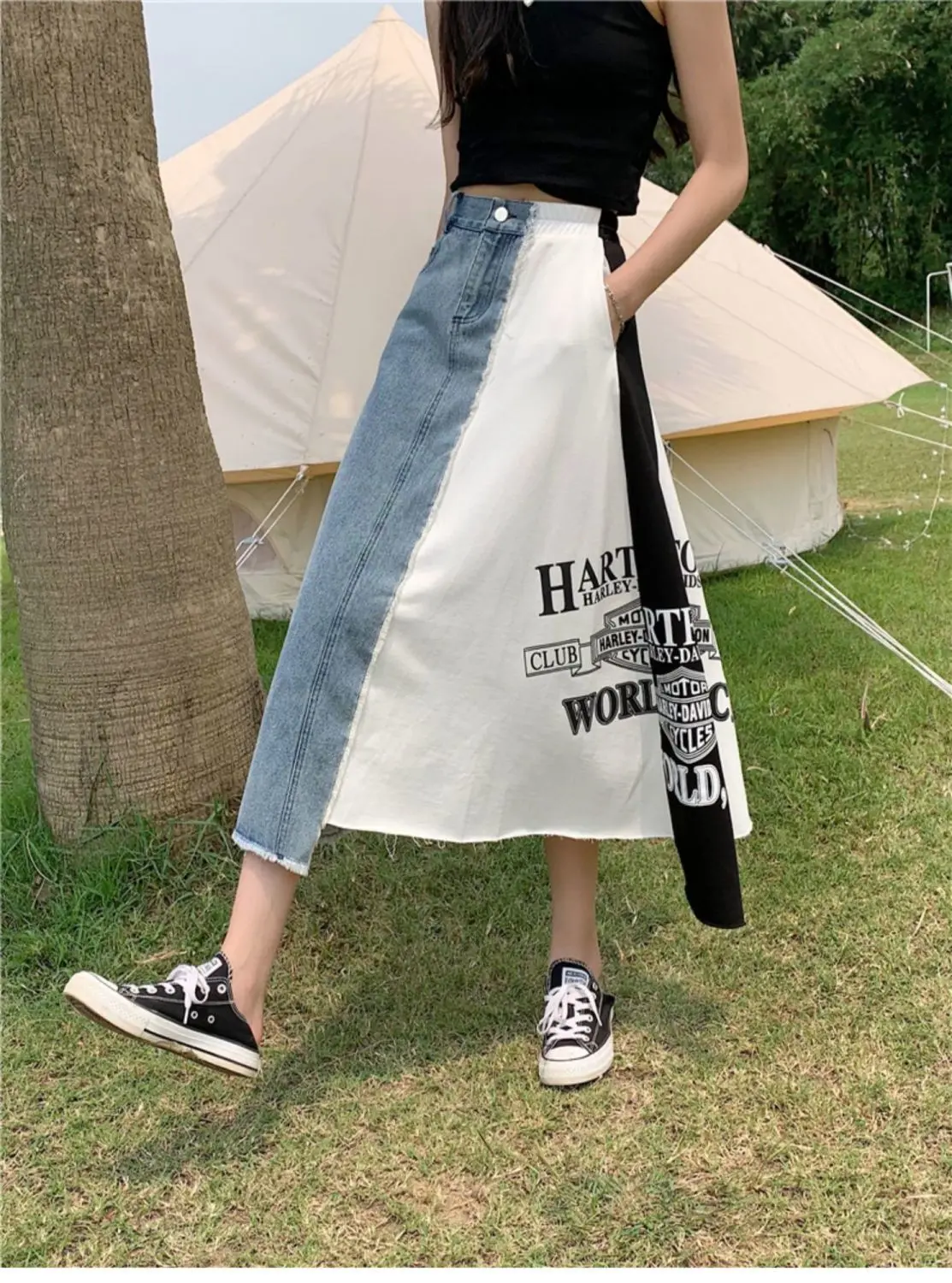 Spring Autumn New Fashion Skirts Women Korean Loose Letter Printing Denim Skirt High Waist Mid-length Skirt