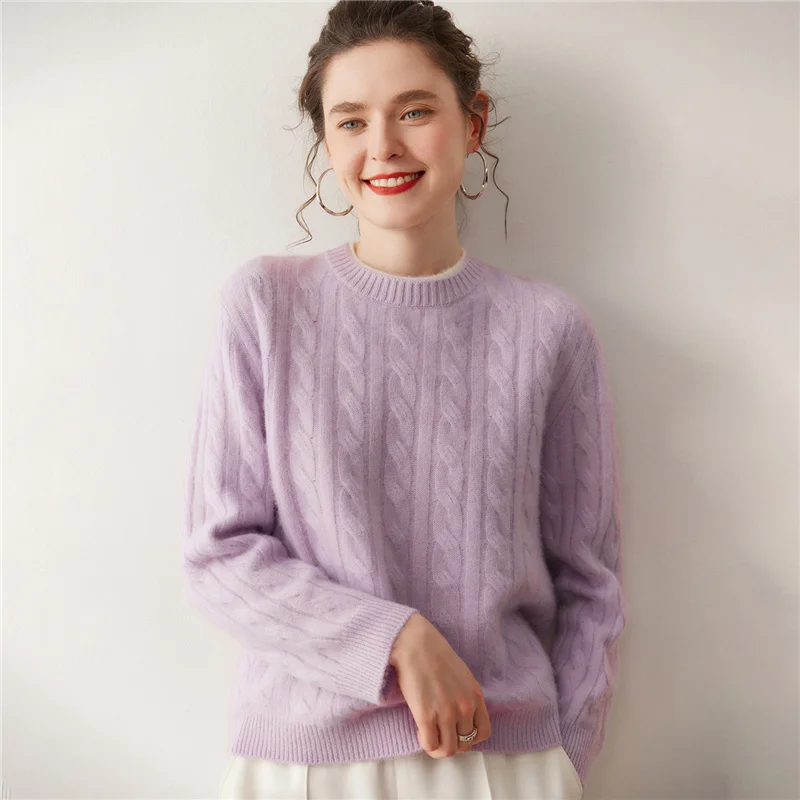 

TLOML Women 100% Cashmere Sweater O-neck Cable Knit Pullover Autumn Winter High Quality Thick Simple Style Cashmere Knitwear Top