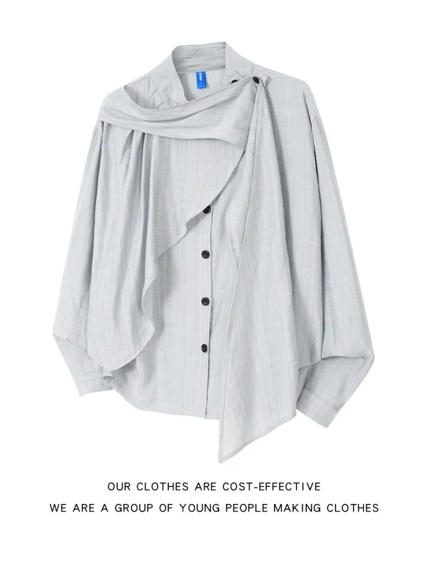 Asymmetric Sash Long Sleeve Loose Casual Shirt Men's Spring Autumn American Style Trendy Design Sense Outerwear Coat