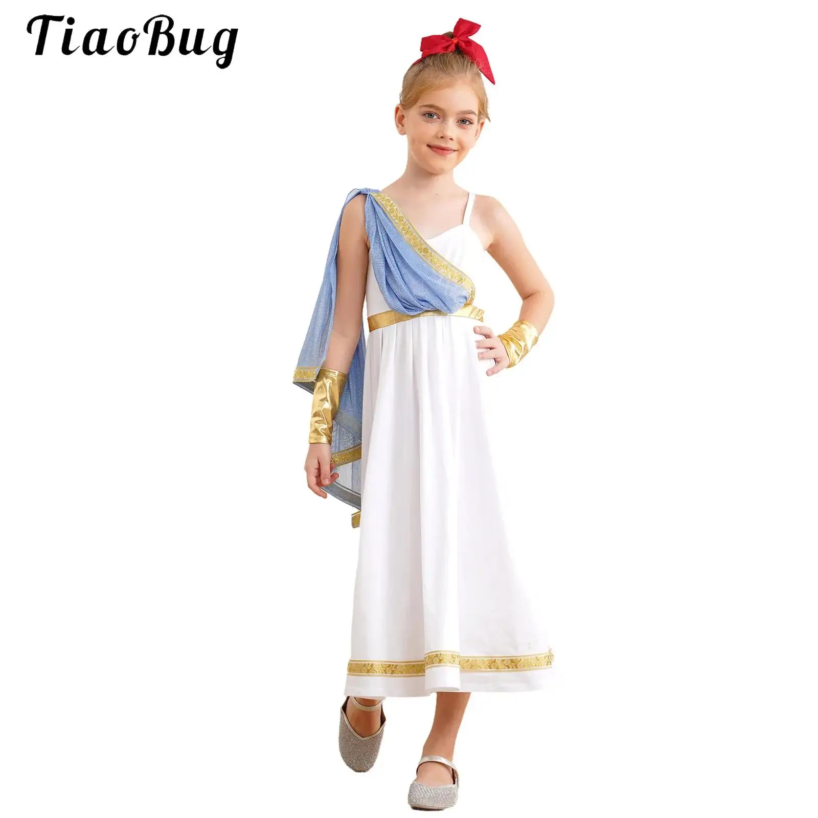 Halloween Girls Ancient Greek Toga Costume Roman Athena Goddesses Princess Sleeveless Asymmetrical Cape Dresses Party Dress Up