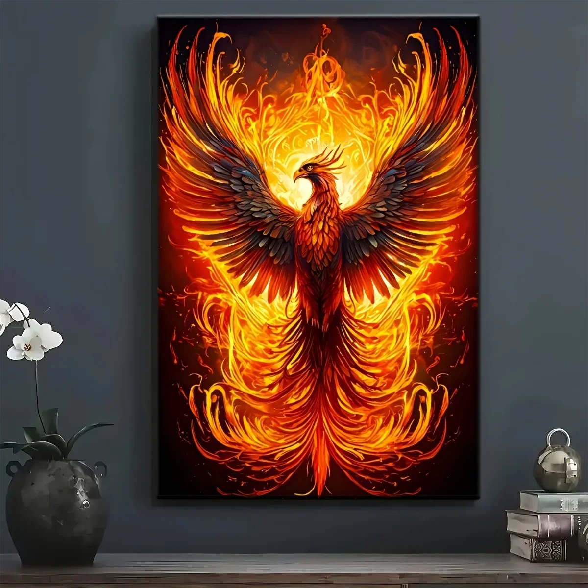 (No frame)2D Flat, A Canvas Print of a Phoenix Rising from The Ashes, Featuring a Vibrant Modern Image of The Bird, Suitable