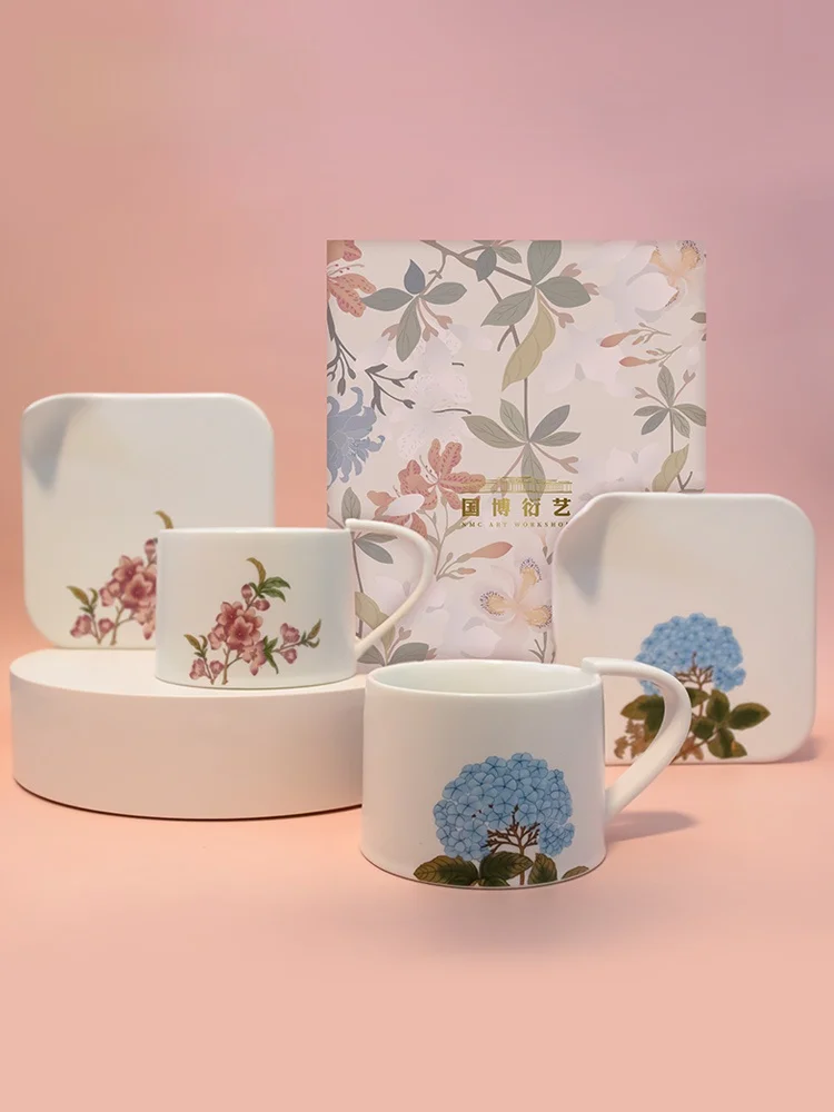 Creative National Museum of China Tea Set Coffee Cup Plate Set Mugs Birthday Gift for Elders Ceramic Blue Color Gift Box
