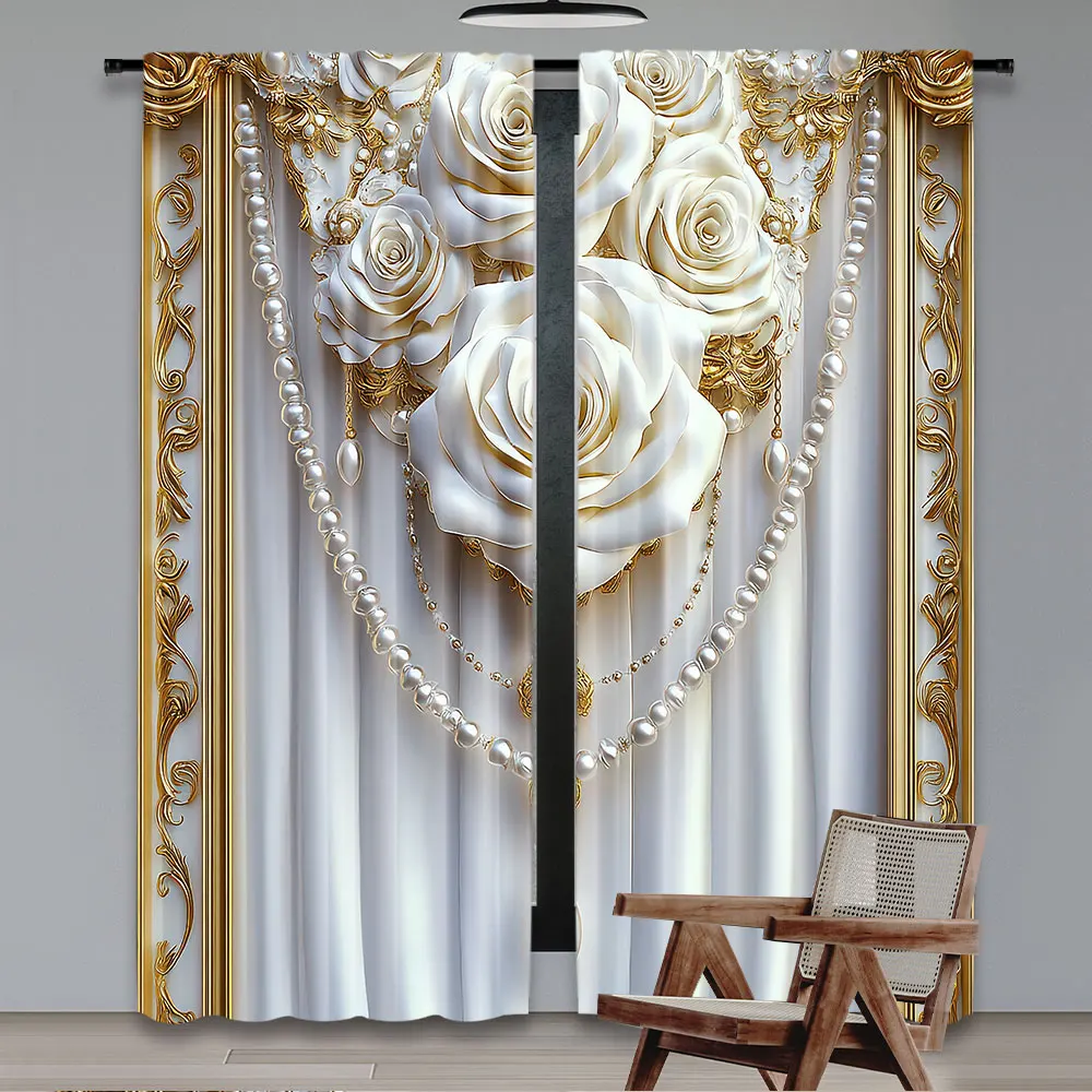 

Роскошные белые шторы с жемчужным узором и 3D-цветочным золотым декором, светонепроницаемые, термоизолирующие, для гостиной и свадебных залов
