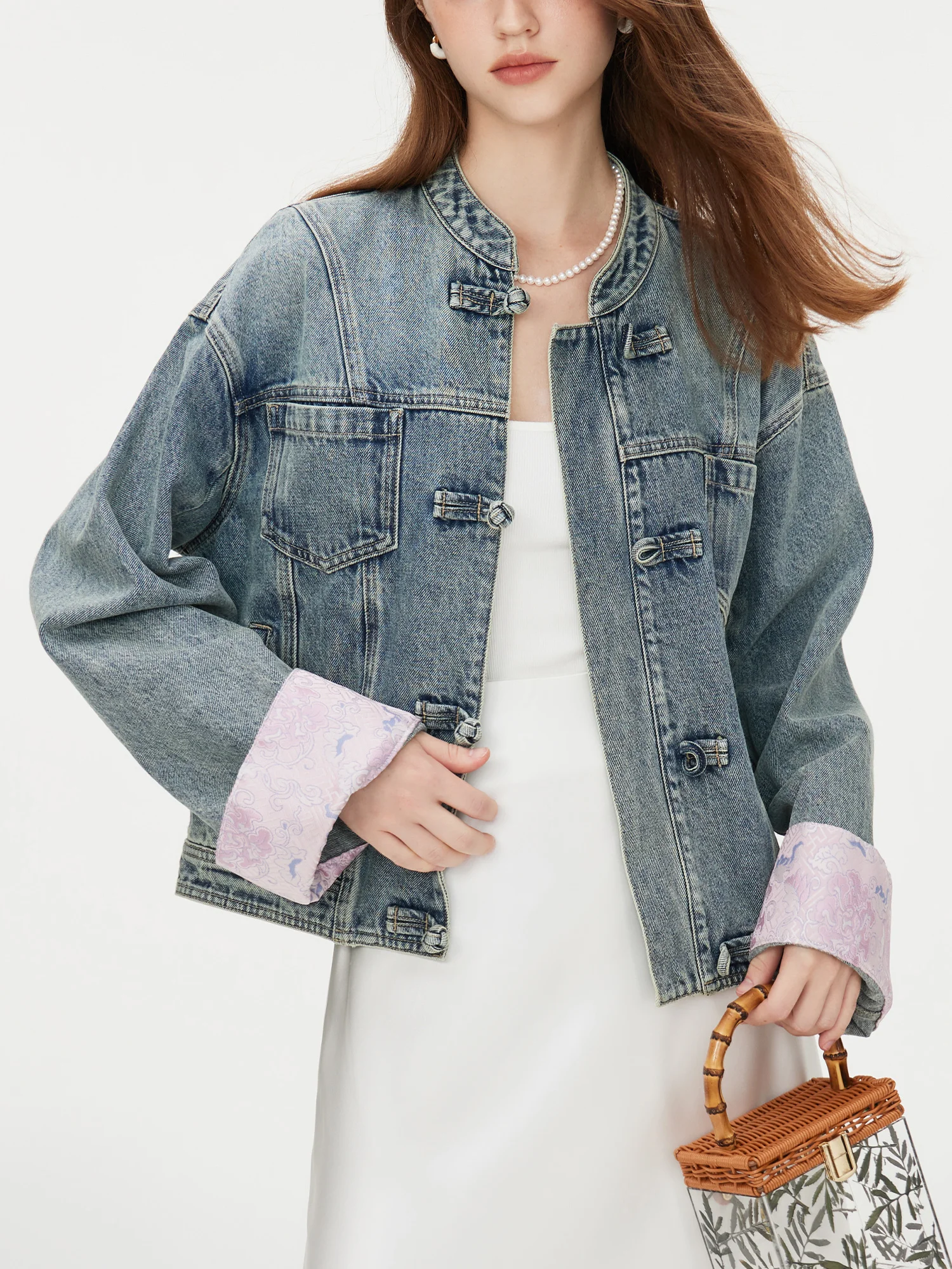 FSLE New Chinese Style Satin Stitching Retro Denim Jacket Versatile Casual Women\'s Autumn Wear 2024 New Design Jacket 24FS13013