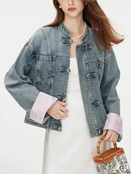 FSLE New Chinese Style Satin Stitching Retro Denim Jacket Versatile Casual Women's Autumn Wear 2024 New Design Jacket 24FS13013