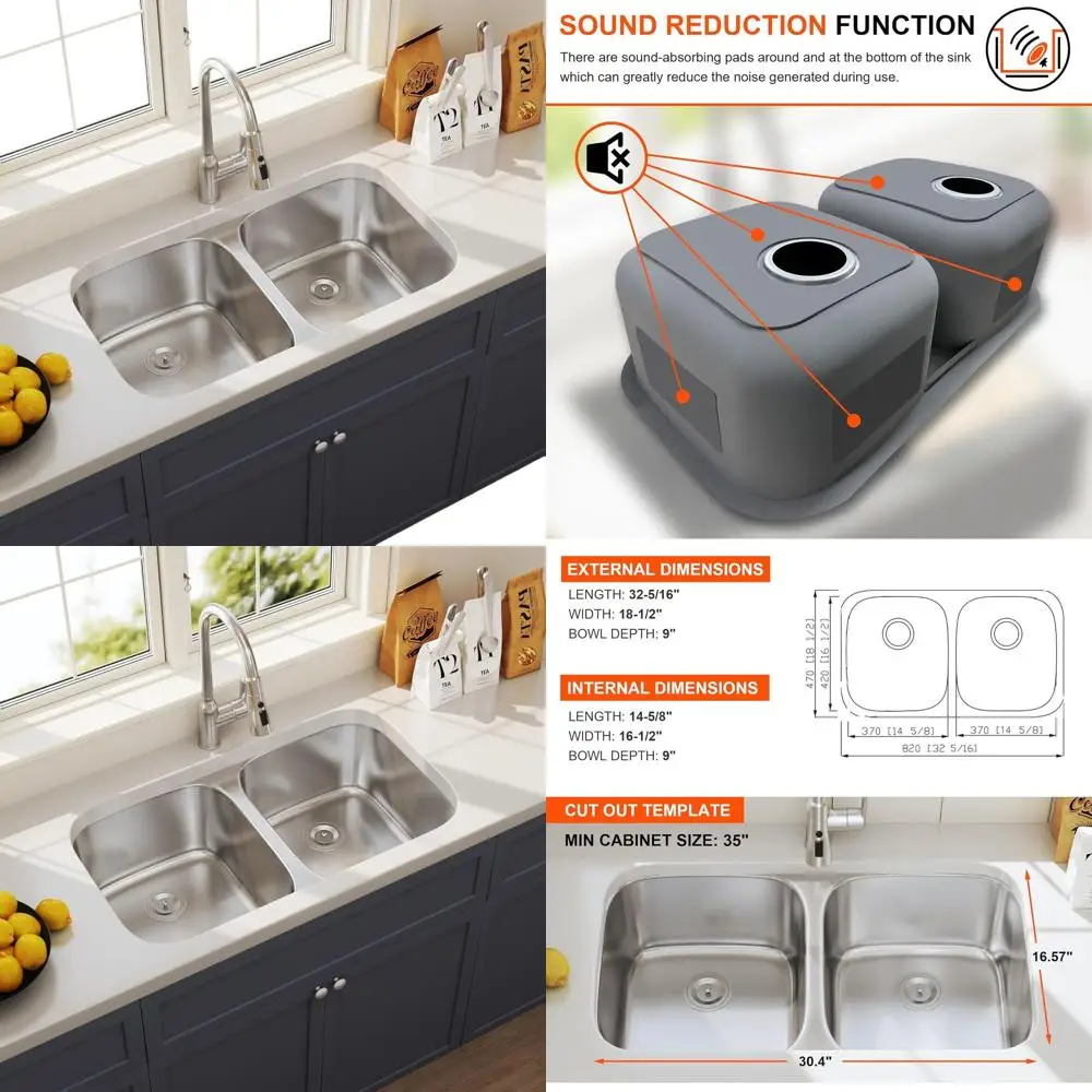 

Кухонная мойка из нержавеющей стали с двумя чашами, 32x50/50 см, для установки под столешницу, коммерческого класса, сатинированная отделка