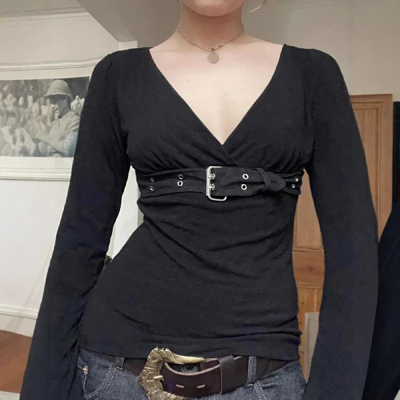 

Dark Style Metal Buckle Waistband Slimming V-neck Slim Fit Top For Women 2025 Autumn New Long Sleeve T-shirt