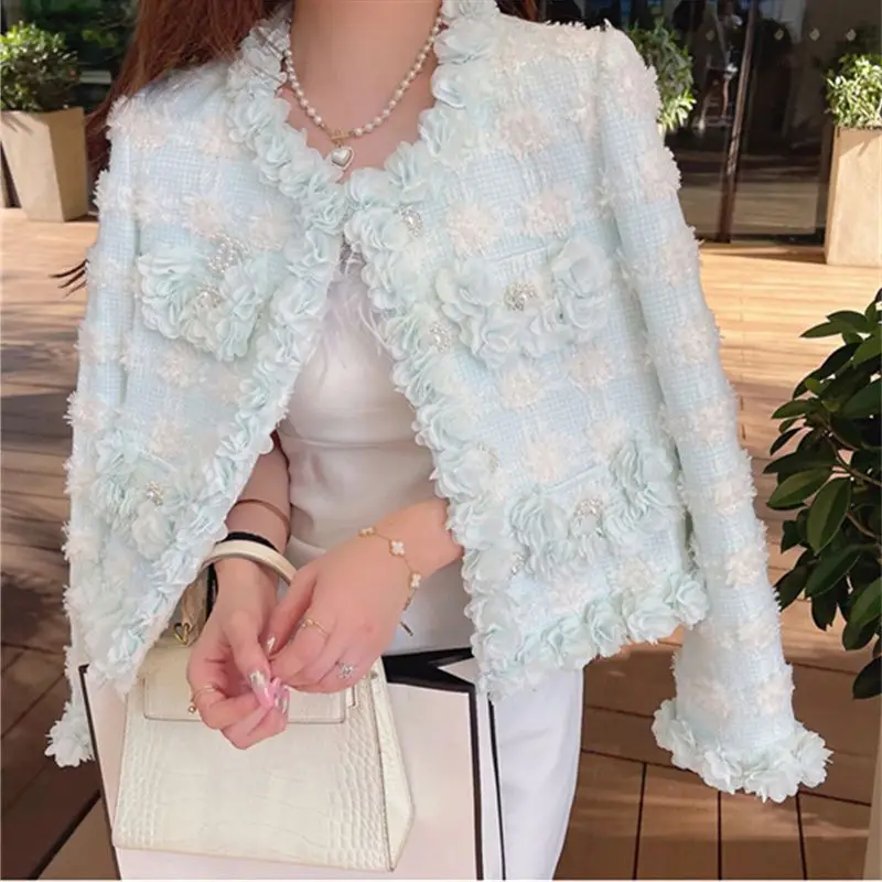 Women Autumn And Winter 2022 New Heavy Industry 3D Flower Trim Single Breasted Woolen Short Coat Luxury Ladies Jacket