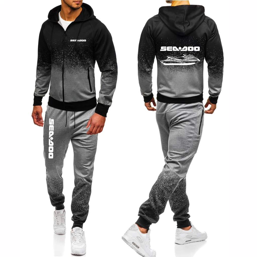 

Sea Doo Seadoo Moto Men's New Spring Autumn Gradient Color Design Harajuku Zipper Sport Hoodies Casual Sweatpant Two Piece Sets