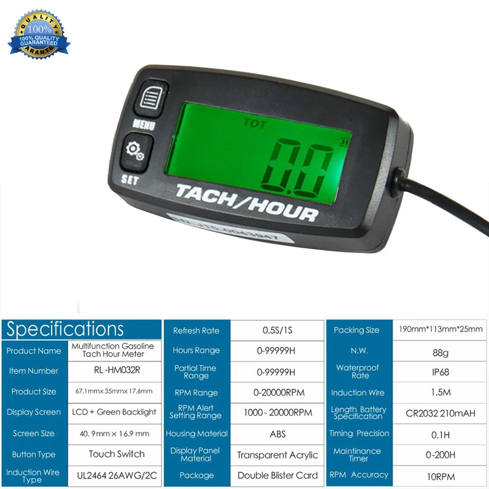 Engine Hour Meter  Inductive Tachometer Gauge Backlit Digital Resettable for Motorcycle Marine Glider ATV Snow Blower Lawn Mower